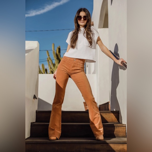NWT Free People We The Free Jayde Corduroy High Rise Flare Jeans in Cognac - Picture 11 of 14